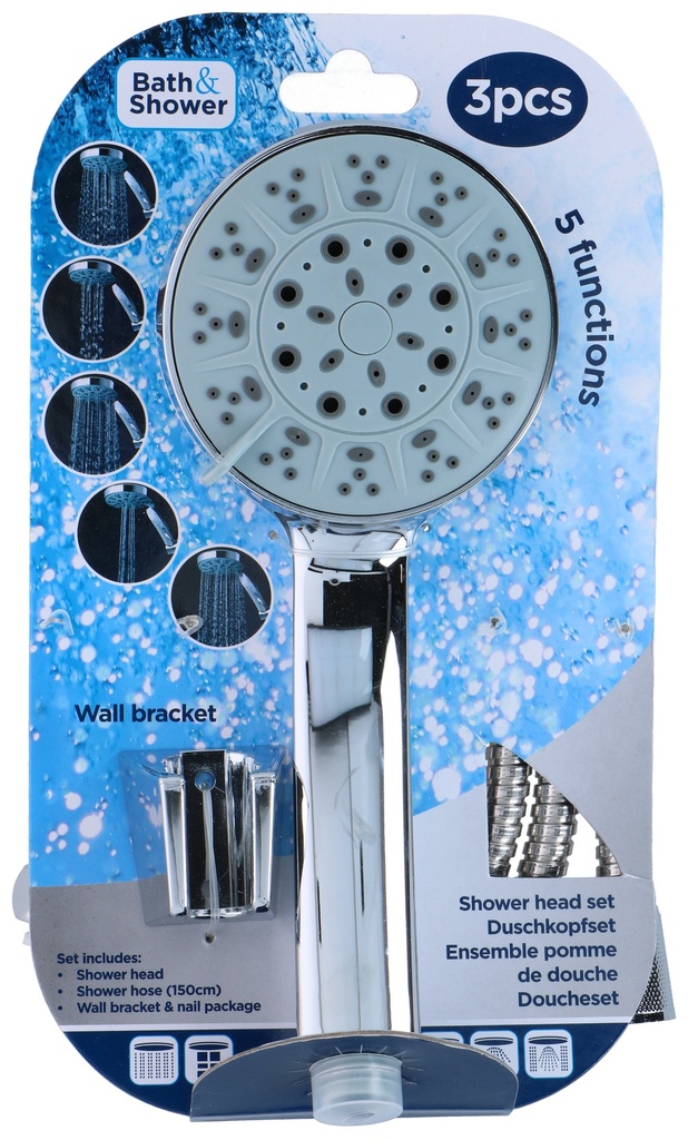 POMMEAU ET FLEXIBLE DE DOUCHE - 1.5M - 5 FONCTIONS - VIS ET SUPPORT INCLUS