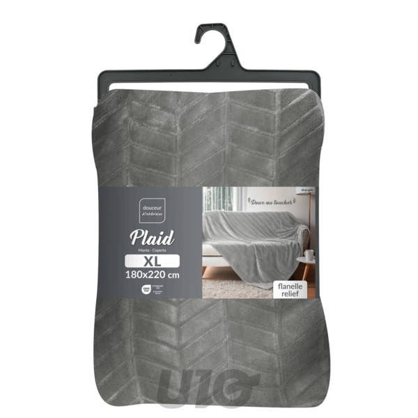 PLAID 180 x 220 CM FLANELLE RELIEF UNIE ARYA GRIS