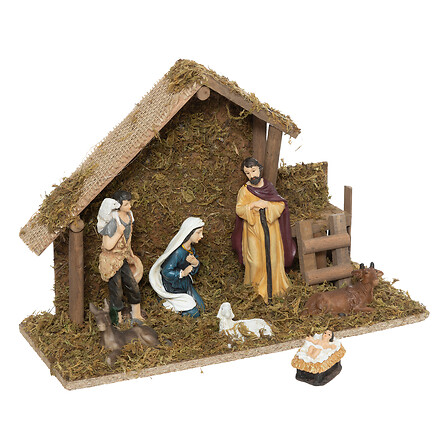 CRÈCHE DE NOËL À LED AVEC 7 SANTONS - 30x20CM - EN RÉSINE ET EN BOIS