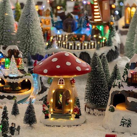 VILLAGE DE NOËL - MAISON CHAMPIGNON MUSICALE ET LUMINEUSE - 12 LEDS - AVEC MOUVEMENT - À 3 PILES AA INCLUSES