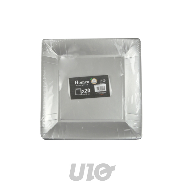 SET DE 20 ASSIETTES CARREES EN CARTON 23CM ARGENT