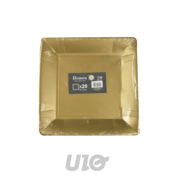 SET DE 20 ASSIETTES CARREES EN CARTON 23CM OR