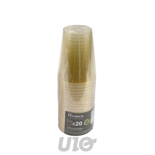 SET DE 20 VERRES EN PLASTIQUE REUTILISABLE 20CL PAILLETE OR