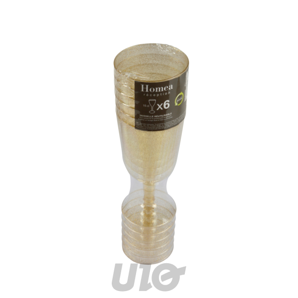 SET DE 6 VERRES À VIN EN PLASTIQUE RÉUTILISABLES -  18CL -  PAILLETÉ COULEUR OR