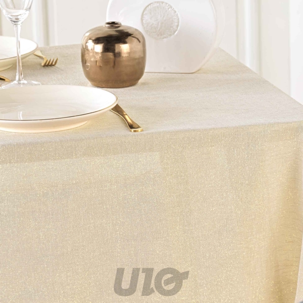 NAPPE RECTANGLE EN POLYESTER - 140x240CM - UNI AVEC FILS MÉTALLISÉS STRASS OR