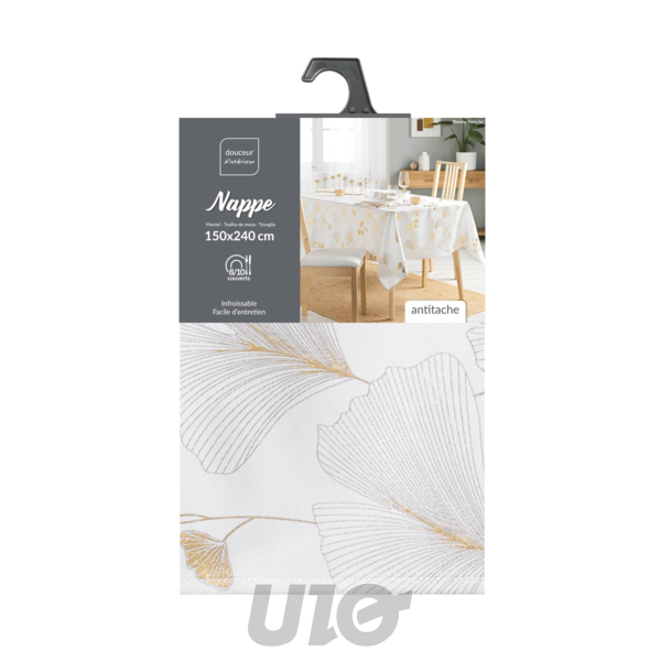 NAPPE RECTANGLE EN POLYESTER - 150x240CM -  IMPRIMÉE MÉTALLISÉE BLOOMY BLANC-OR