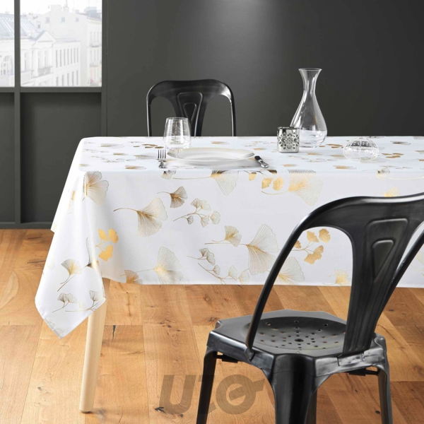 NAPPE RECTANGLE EN POLYESTER - 150x240CM -  IMPRIMÉE MÉTALLISÉE BLOOMY BLANC-OR