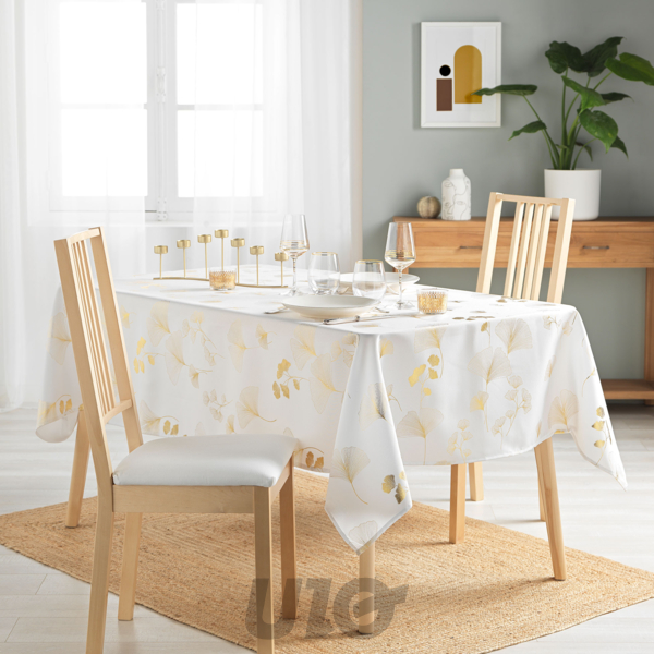 NAPPE RECTANGLE EN POLYESTER - 150x240CM -  IMPRIMÉE MÉTALLISÉE BLOOMY BLANC-OR