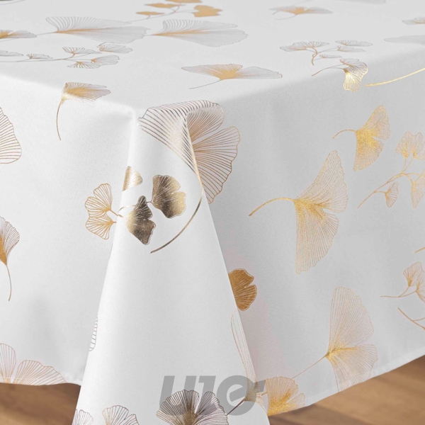 NAPPE RECTANGLE EN POLYESTER - 150x240CM -  IMPRIMÉE MÉTALLISÉE BLOOMY BLANC-OR