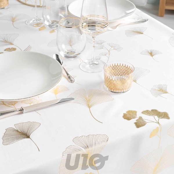 NAPPE RECTANGLE EN POLYESTER - 150x240CM -  IMPRIMÉE MÉTALLISÉE BLOOMY BLANC-OR