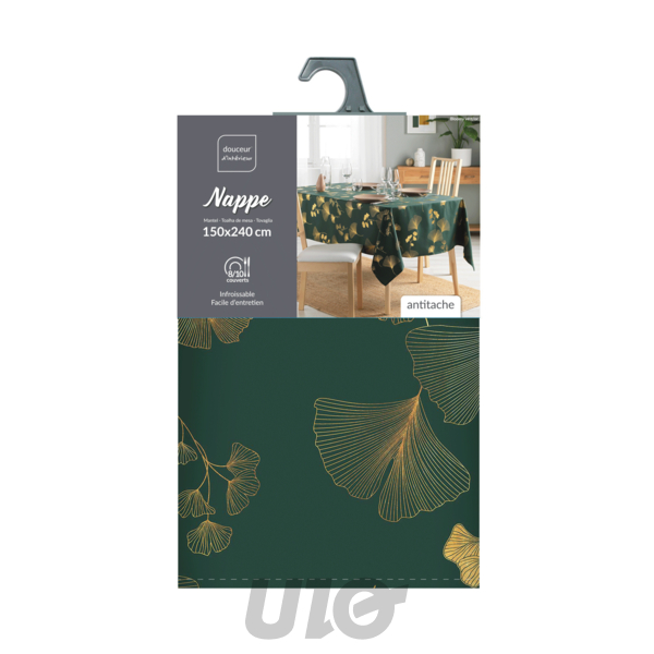 NAPPE RECTANGLE EN POLYESTER - 150x240CM - IMPRIMÉE MÉTALLISÉE BLOOMY VERT-OR