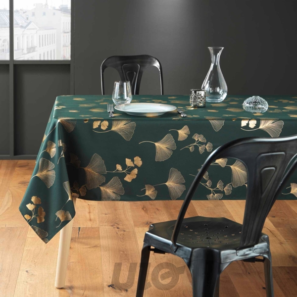 NAPPE RECTANGLE EN POLYESTER - 150x240CM - IMPRIMÉE MÉTALLISÉE BLOOMY VERT-OR