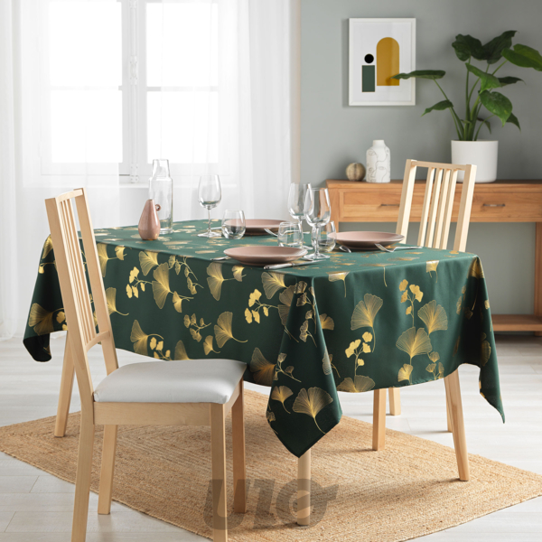 NAPPE RECTANGLE EN POLYESTER - 150x240CM - IMPRIMÉE MÉTALLISÉE BLOOMY VERT-OR