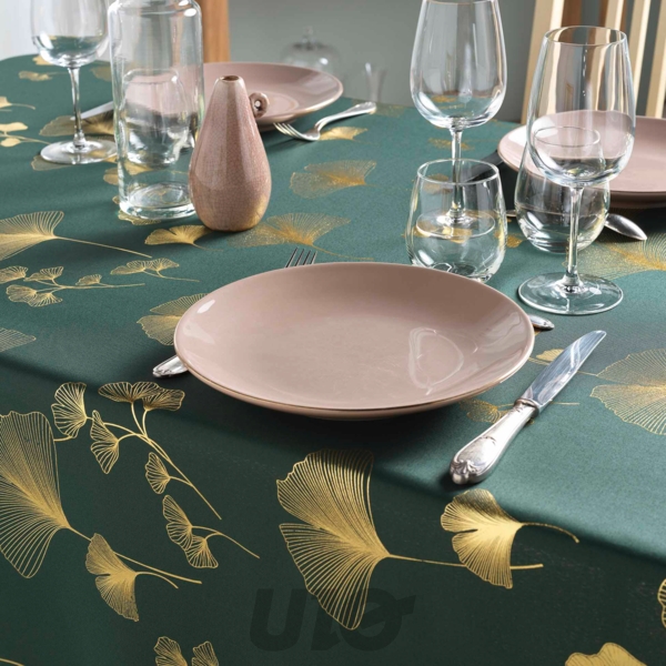 NAPPE RECTANGLE EN POLYESTER - 150x240CM - IMPRIMÉE MÉTALLISÉE BLOOMY VERT-OR