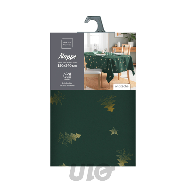 NAPPE RECTANGLE EN POLYESTER - 150x240CM -  IMPRIMÉE MÉTALLISÉE SAPIN VERT-OR