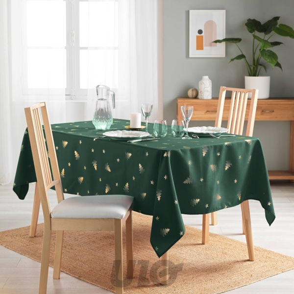 NAPPE RECTANGLE EN POLYESTER - 150x240CM -  IMPRIMÉE MÉTALLISÉE SAPIN VERT-OR