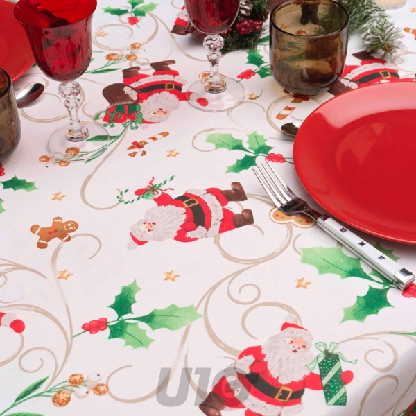 NAPPE RECTANGLE EN POLYESTER - 150x240CM - IMPRIMÉE PÈRE NOËL BLANC