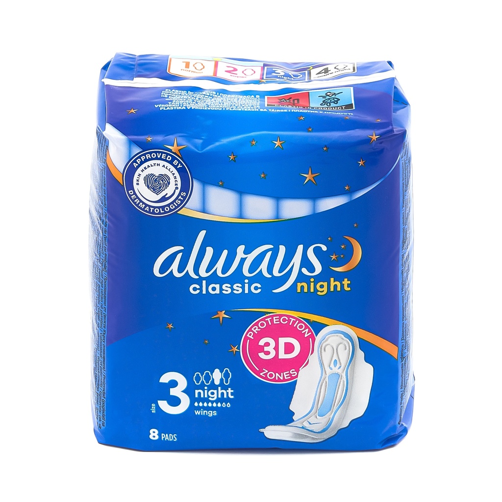 Always sanitary napkins Classic 8pc night with wings labelled