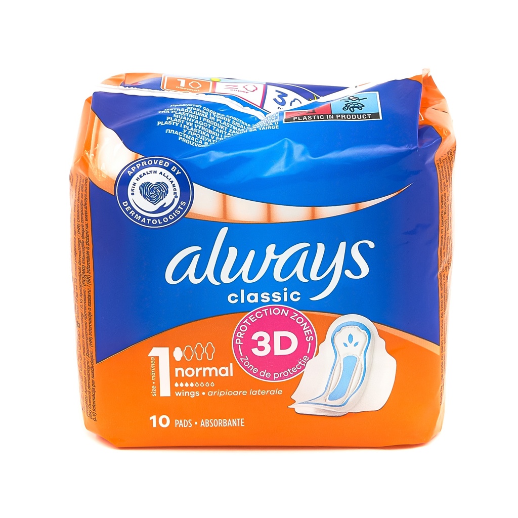 Always sanitary napkins Classic 10pc Normal with wings labelled