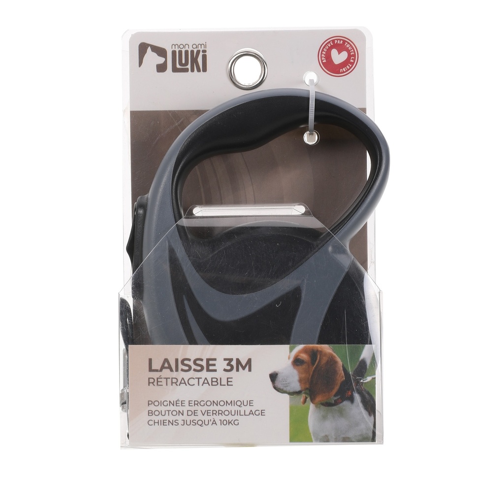 LAISSE RETRACTABLE FILAIRE CHIENS 10KG ANTHRACITE ET NOIR 3M