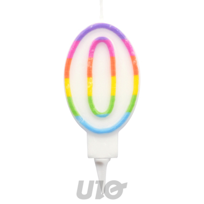 BOUGIE ANNIVERSAIRE CHIFFRE 0 AVEC SUPPORT PLASTIQUE H7,8CM MULTICOLORE