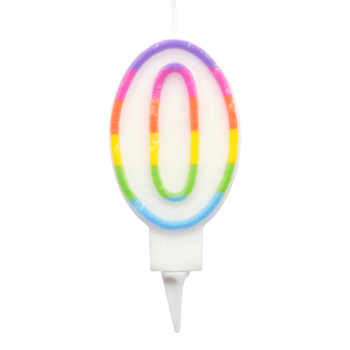 BOUGIE ANNIVERSAIRE CHIFFRE 0 AVEC SUPPORT PLASTIQUE H7,8CM MULTICOLORE