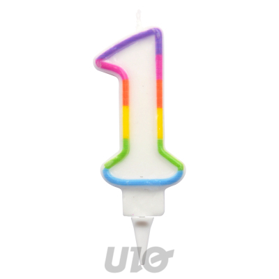 BOUGIE ANNIVERSAIRE CHIFFRE 1 AVEC SUPPORT PLASTIQUE H7,8CM MULTICOLORE