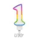 BOUGIE ANNIVERSAIRE CHIFFRE 1 AVEC SUPPORT PLASTIQUE H7,8CM MULTICOLORE