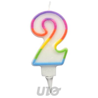 BOUGIE ANNIVERSAIRE CHIFFRE 2 AVEC SUPPORT PLASTIQUE H7,8CM MULTICOLORE