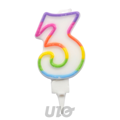 BOUGIE ANNIVERSAIRE CHIFFRE 3 AVEC SUPPORT PLASTIQUE H7,8CM MULTICOLORE