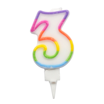 BOUGIE ANNIVERSAIRE CHIFFRE 3 AVEC SUPPORT PLASTIQUE H7,8CM MULTICOLORE