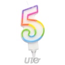 BOUGIE ANNIVERSAIRE CHIFFRE 5 AVEC SUPPORT PLASTIQUE H7,8CM MULTICOLORE