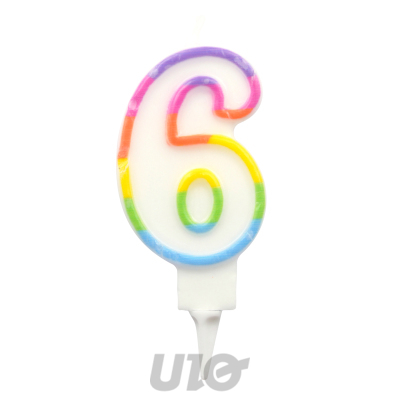 BOUGIE ANNIVERSAIRE CHIFFRE 6 AVEC SUPPORT PLASTIQUE H7,8CM MULTICOLORE