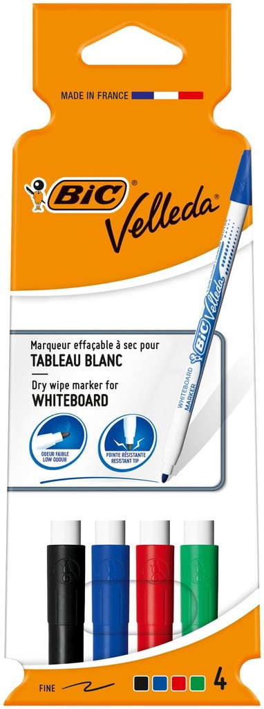 BIC VELLEDA MARQUEURS POUR TABLEAU BLANC FINE POINTE AVEC POCHETTE -  4 PIÈCES