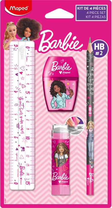BARBIE SET DE 4 PIÈCES - CRAYON - LATTE - GOMME - COLLE