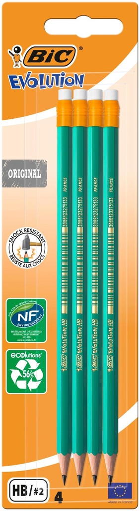BIC 4 CRAYONS ÉVOLUTION AVEC GOMME HB N2