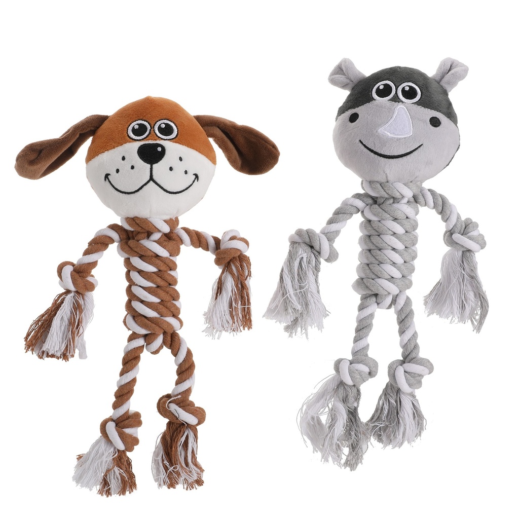 JOUET PELUCHE ET CORDE EN FORME DE CHIEN - DISPONIBLES EN GRIS OU MARRON - 32CM