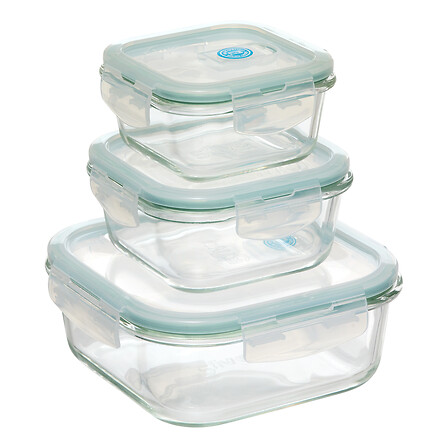 LOT DE 3 BOITES EN VERRE - CLIPEAT - 330ml: 12x12x5.8 cm 301g 530ml: 13.1x13.1x6.6 cm 400g 1180ml: 17.5x17.5x7.4 cm 780g