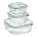 LOT DE 3 BOITES EN VERRE - CLIPEAT - 330ml: 12x12x5.8 cm 301g 530ml: 13.1x13.1x6.6 cm 400g 1180ml: 17.5x17.5x7.4 cm 780g