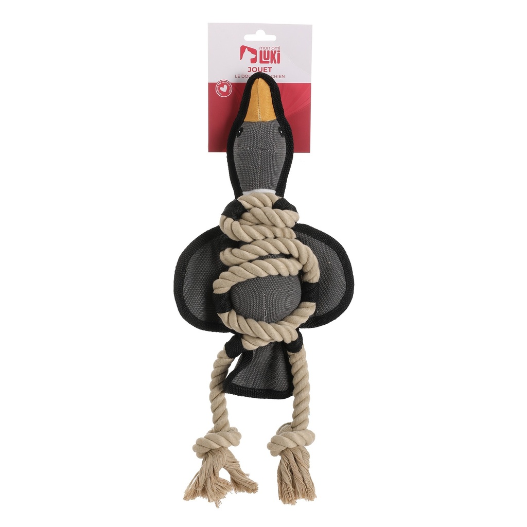 JOUET TEXTILE ET CORDE CANARD ASS MARRON ET BEIGE 43CM