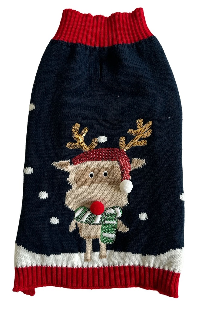 PULL NOEL BLEU BRODE RENNE  TAILLE M  35CM