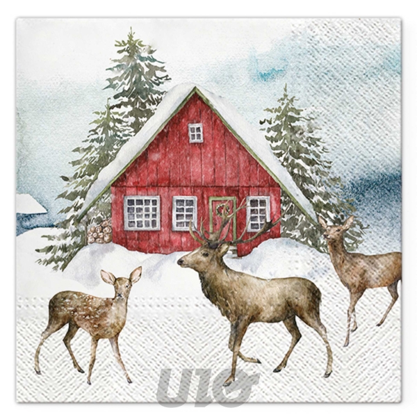 SET DE 20 SERVIETTES EN PAPIER - 3 PLIS - 33x33CM - MOTIF MAISON DANS LA NEIGE