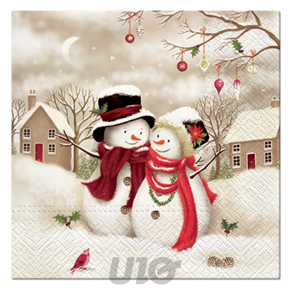 SET DE 20 SERVIETTES EN PAPIER - 3 PLIS - 33x33CM - MOTIF COUPLE BONHOMMES DE NEIGE