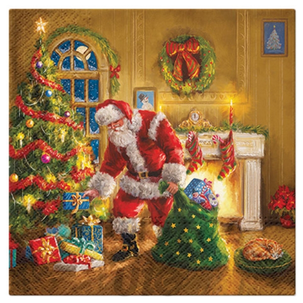SET DE 20 SERVIETTES PAPIER - 3 PLIS - 33x33CM - MOTIF PÈRE NOËL ET LES CADEAUX