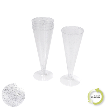 SET DE 6 FLUTES A CHAMPAGNE EN PLASTIQUE REUTILISABLE 12CL PAILLETE ARGENT