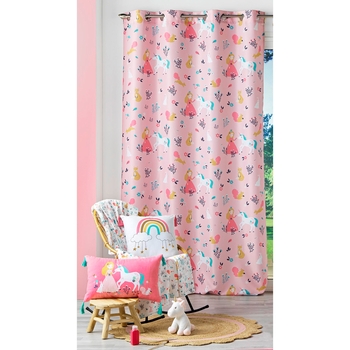 RIDEAU A OEILLETS 140 x 260 CM POLYESTER IMPRIME PRINCESSE LICORNE ROSE