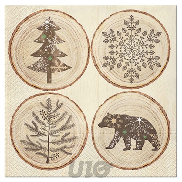 SET DE 20 SERVIETTES EN PAPIER - 3 PLIS - 33x33CM - MOTIF RONDELLES DE BOIS