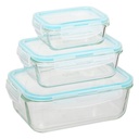 LOT DE 3 BOITES RECTANGULAIRES EN VERRE - CLIPEAT -  330ml: L13,5xP10,5xH5,5CM 326g 800ml: L19,5xP13,5xH7CM 595g 1730ml: L23,5xP17xH8,5CM 1kg