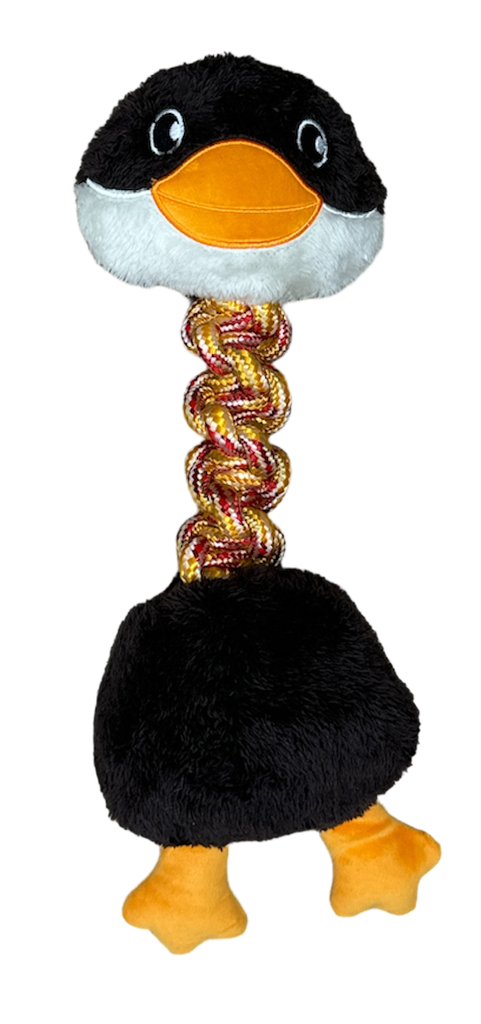 JOUET PELUCHE ET CORDE  CANARD MARRON 40X13CM