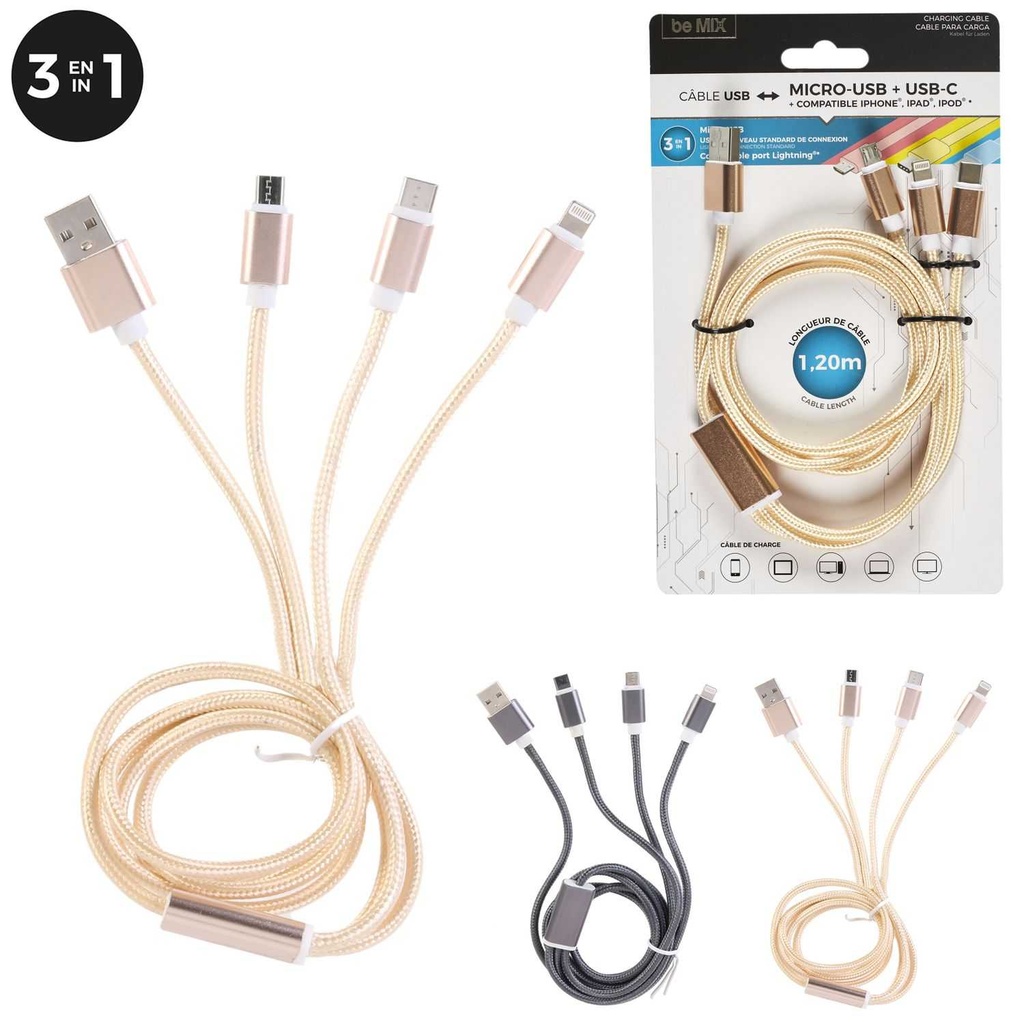 CABLE DE CHARGE TYPE C MICRO USB 3EN1